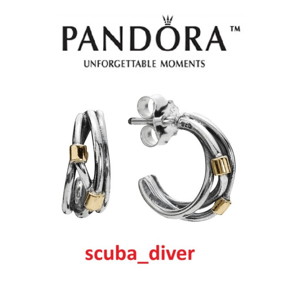 RARE Pandora Two-Tone 925 Silver 14K Gold Crossover Rope Hoop Huggie Earrings